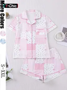 Women's Plaid Floral Bow Print Short Sleeve Shorts Fitted Pajama Set, Casual Aesthetic Everyday Home Wear Loungewear Suit, Comfortable Sleepwear for Women