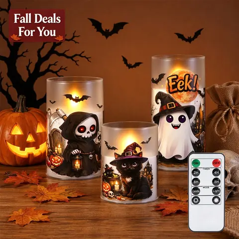 【LIVE】Spooky Halloween LED Pillar Candles Set of 3 (4/5/6in) - Battery-Operated, Realistic Flickering Moving Wick, Frosted Dustproof Acrylic, Remote Timer, Spooky Traditional Flash Decorative Lights, Home Decoration Ornaments