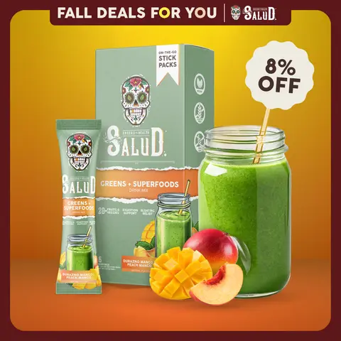 Salud 2-in-1 [Greens + Superfoods - Peach Mango] Daily Greens Drink Mix, Agua Fresca, Gut Health & Bloating Support, Probiotics & Prebiotics, Vegan, Non-GMO, Easy-to-Drink Greens Powder (6 Servings)