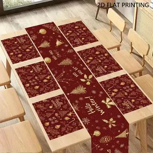 2D flat printing, 1 piece/4 pieces/6 pieces/5 pieces set/7 pieces set, elegant red and gold Christmas table flag placemat set, linen fabric, holiday table decoration, kitchen and family gatherings, Christmas table decorations