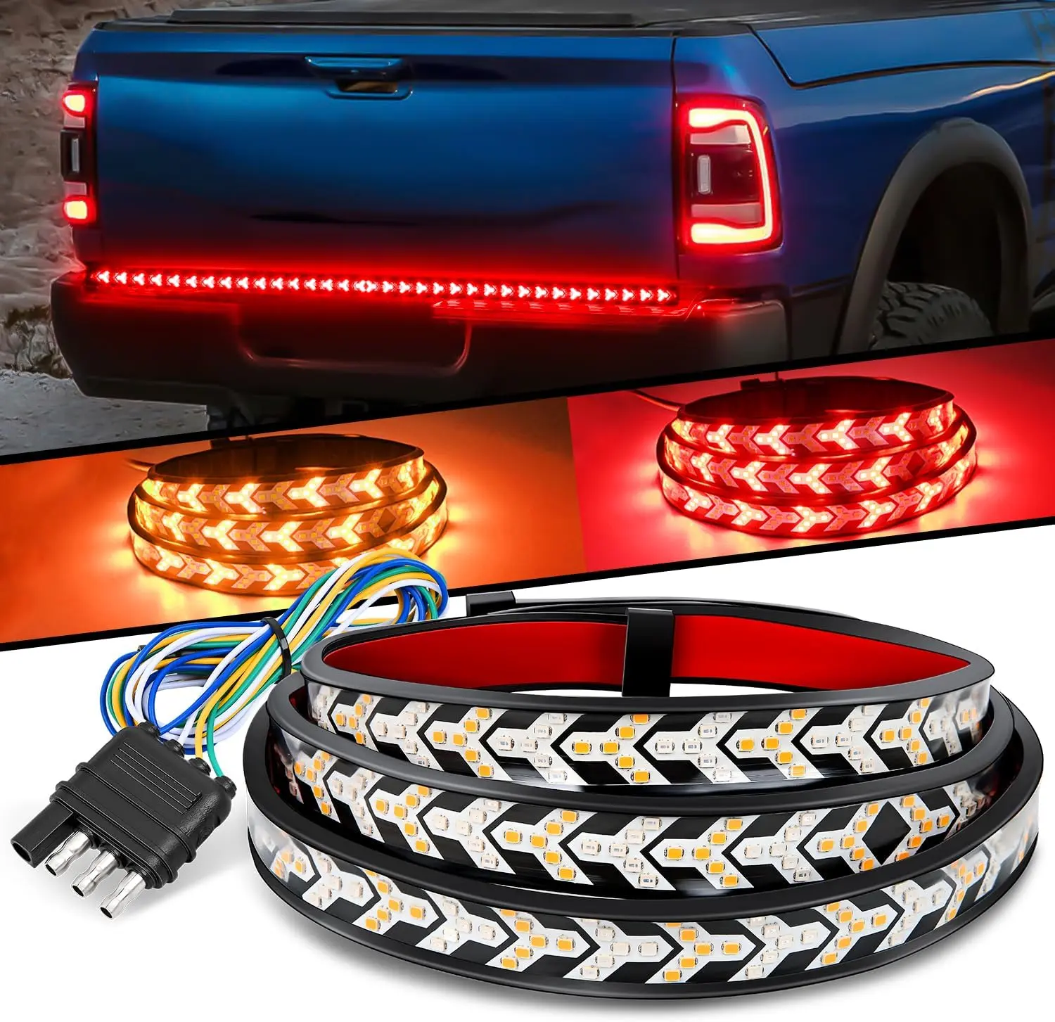 60" LED Tailgate Light Bar – Sequential amber/red turn signals, strobe brake & reverse lights. Waterproof and flexible for trucks, pickups, and vans. Upgrade your ride's safety and style – every turn and stop gets an impossible‑to‑miss light show
