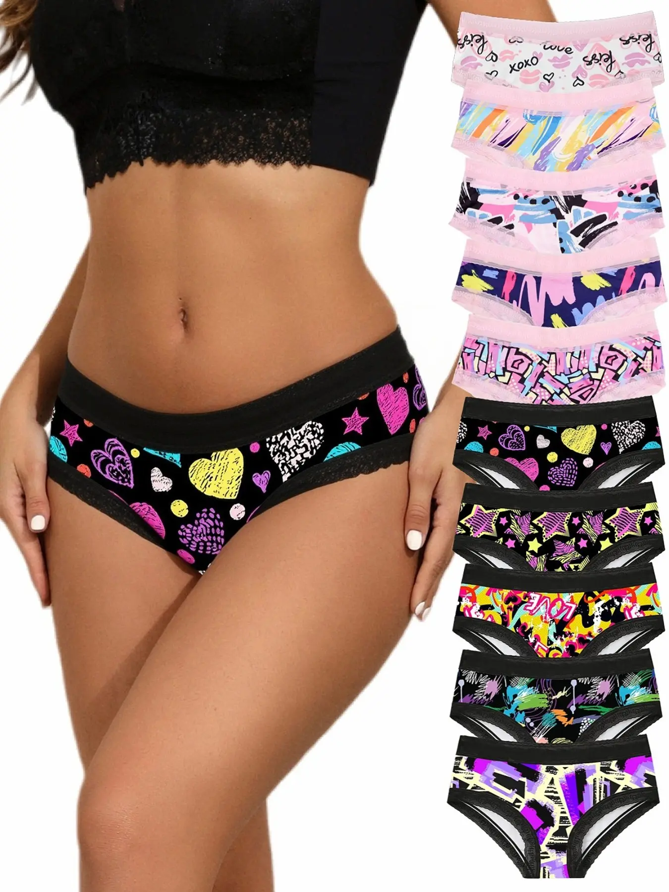 10-Pack Women's Colorful Print Panties Set, Intimates Panties, &, Comfortable Fashion, Sexy Design, Contrast Lace, All Seasons, Fitted Knickers, Drop Waist Panty, Fashion Comfy Underwear