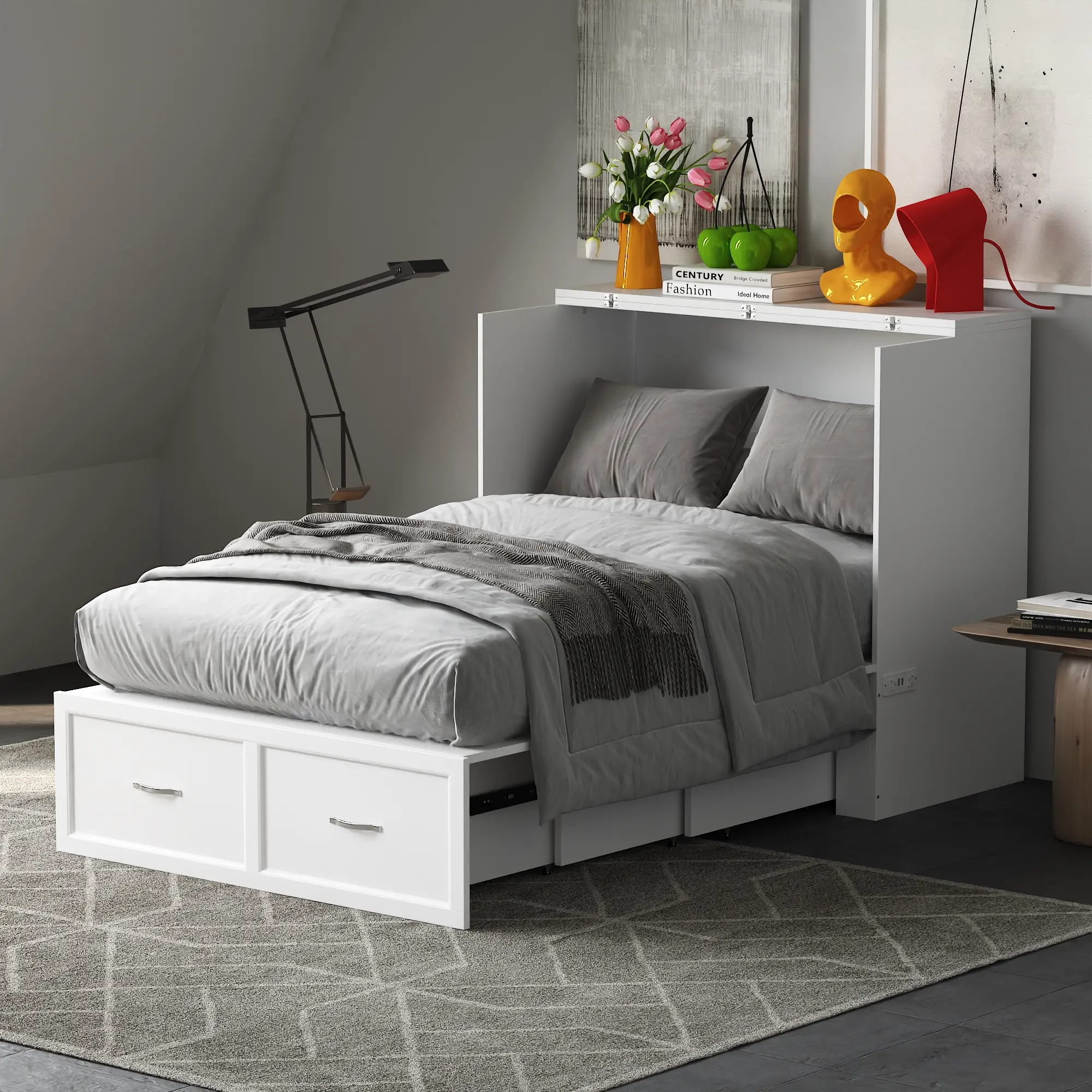 2-in-1 Twin Murphy Bed & Storage Cabinet - Built-In Charging Station, Foldable Space-Saving Design with Large Drawer for Bedroom Office