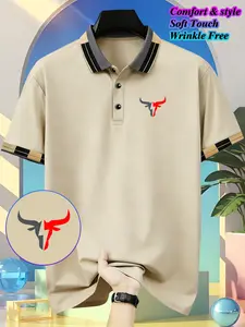 Fashion Casual Polo Shirt, letter & geometric logo print, short-sleeve button-down collar shirt for outdoor running, fitness and golf, breathable polyester fabric