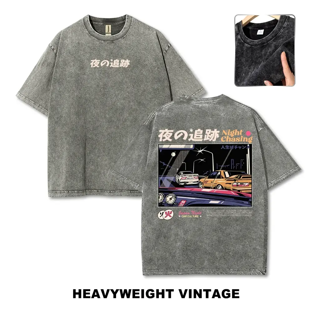 90s Night Chasing Japan JDM Street Racing Vintage Washed Graphic Tee | Men's Oversized Car Culture T-Shirt | Retro Streetwear & Vacation Outfit
