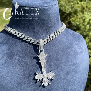 CARÁTIX - Bubble Letter Iced Out Upside Down Cross Necklace Pendant for Men Real Copper Cubic Zirconia Hip Hop Jewelry Valentine's Day Gift for Men & Girls & Boys Mothers' Day Gift #Springtok