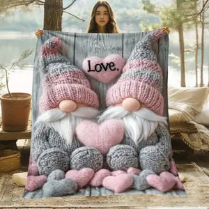 Gnome heart-shaped portable blanket, Decorative Giftable Blankets, Warm blanket, Lightweight sofa blanket suitable for sofas, beds, travel, Soft and warm digital printed jacquard fabric, blanket for all seasons, with interesting gnome design
