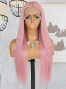 13x4 Lace Area Light Pink Color Long Straight Wigs Salmon Pink Synthetic Lace Front Wig, Natural Hairline, Free Pat,HD Glueless, Halloween Costume, Christmas Party, 28 Inches, All Seasons Wear