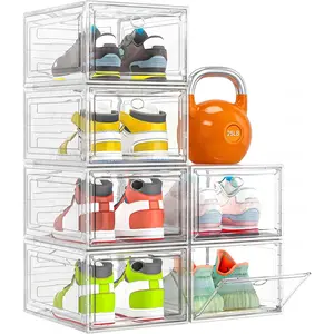 Thickened Clear Shoe Storage Organizer with Magnetic Door, Sturdy Stackable Shoe Boxes for Closet, Collapsible Space-Saving Shoe Rack for Sneakers & Boots, Plastic Shoe Cabinet Box Set, 6 Pack, White