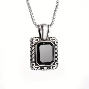Black Stone Retro Square Pendant Necklace