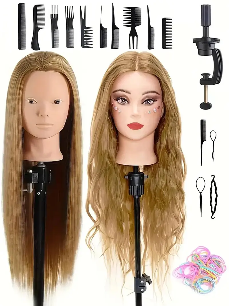 Hair Training Doll Head with Holder, Mannequin Head Stand, Realistic Hair and Styling Tools for Hairdressing Practice, Durable Structure for Training