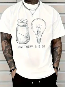 Men'S Christian Faith T-Shirt with Salt Shaker & Light Bulb Design - Matthew 5:13-16 Bible Verse Soft Breathable Fabric Regular Fit Short Sleeve Casual Round Neck Tee for Church Casual Attire & Christian Apparel - White with Red Graphic (Salt & Light Symb