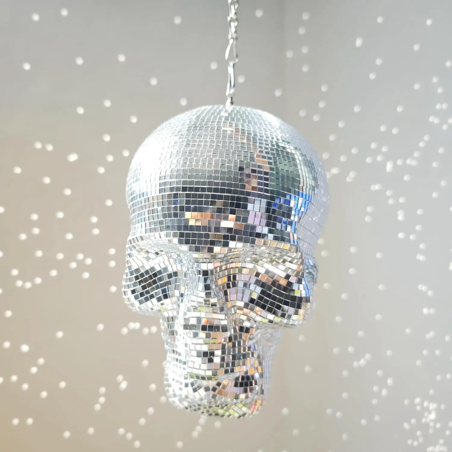 Hanging Disco Halloween Skull , 6x6x8inch  Sculpture Shiny, Disco Skeleton , Skull Model,  Reflective, Party, , Holiday Ornament Decoration,