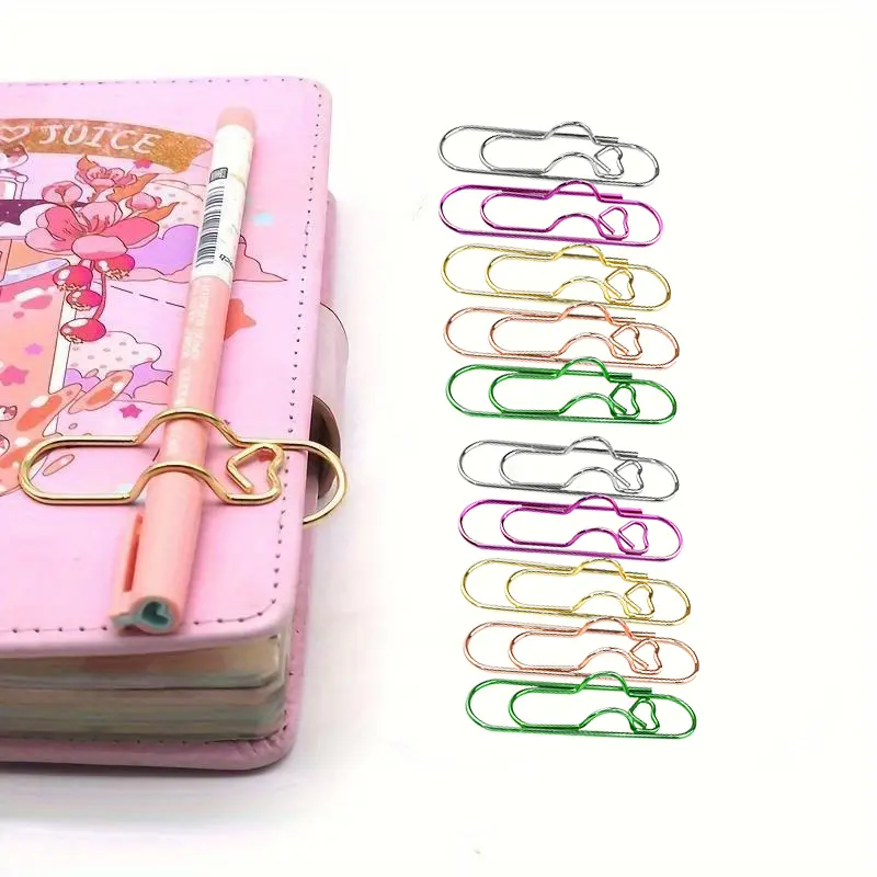 【Summervibes】  10Pcs Heart Pen Clip.back-to-school season.practical.Carbon steel paperclip.10Pcs Multifunctional Metal Heart Pen Clip, Paper Clip Holder Pen Holder for Clipboard, Cute Notebook Pen Loop Holde. Office School Accessories