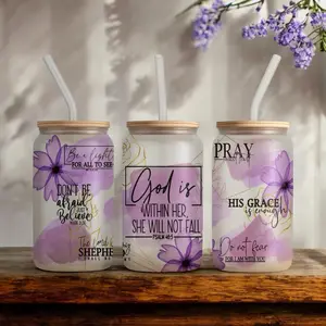 Faith Affirmations Frosted Glass Cup for Drinking Drinkware Tumblers Lid Straw Mug kitchen glassware coffee