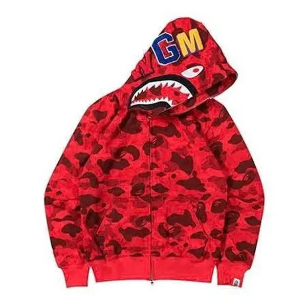 Red Camo Shark Hoodie for Men Women, Full Zip Up Graphic Sweatshirt, Streetwear Casual Oversized Hooded Jacket, Unisex Y2K Fashion Outerwear