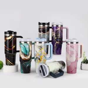 2nd Gen Marble Pattern 40oz Ice Tumbler | 304 Stainless Steel Mug with Handle & Straw | Car Cup Holder Friendly Insulated Cup