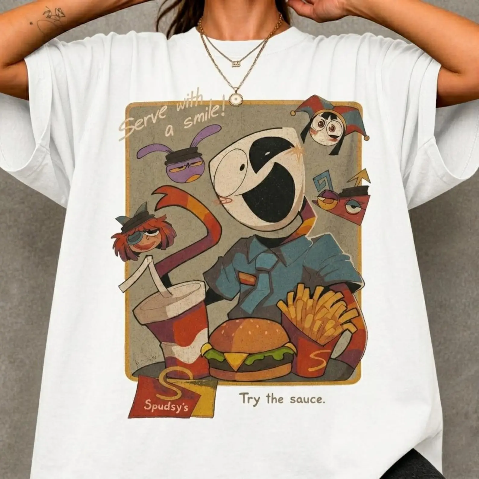 Digital Circus Spudsy's Shirt, Gangle Jax Fast Food Graphic Tee, Retro Animation Gift
