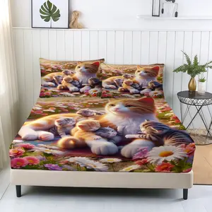 3 Pcs Flower Field Cat Mom Fitted Sheet Set, 1 Fitted Sheet & 2 Pillowcases (no filler), Cute Cat Pattern, Fits Bedroom/Dorm/Warm Healing Homestay, Ideal for Cat Lovers/Students/Birthday Gifting