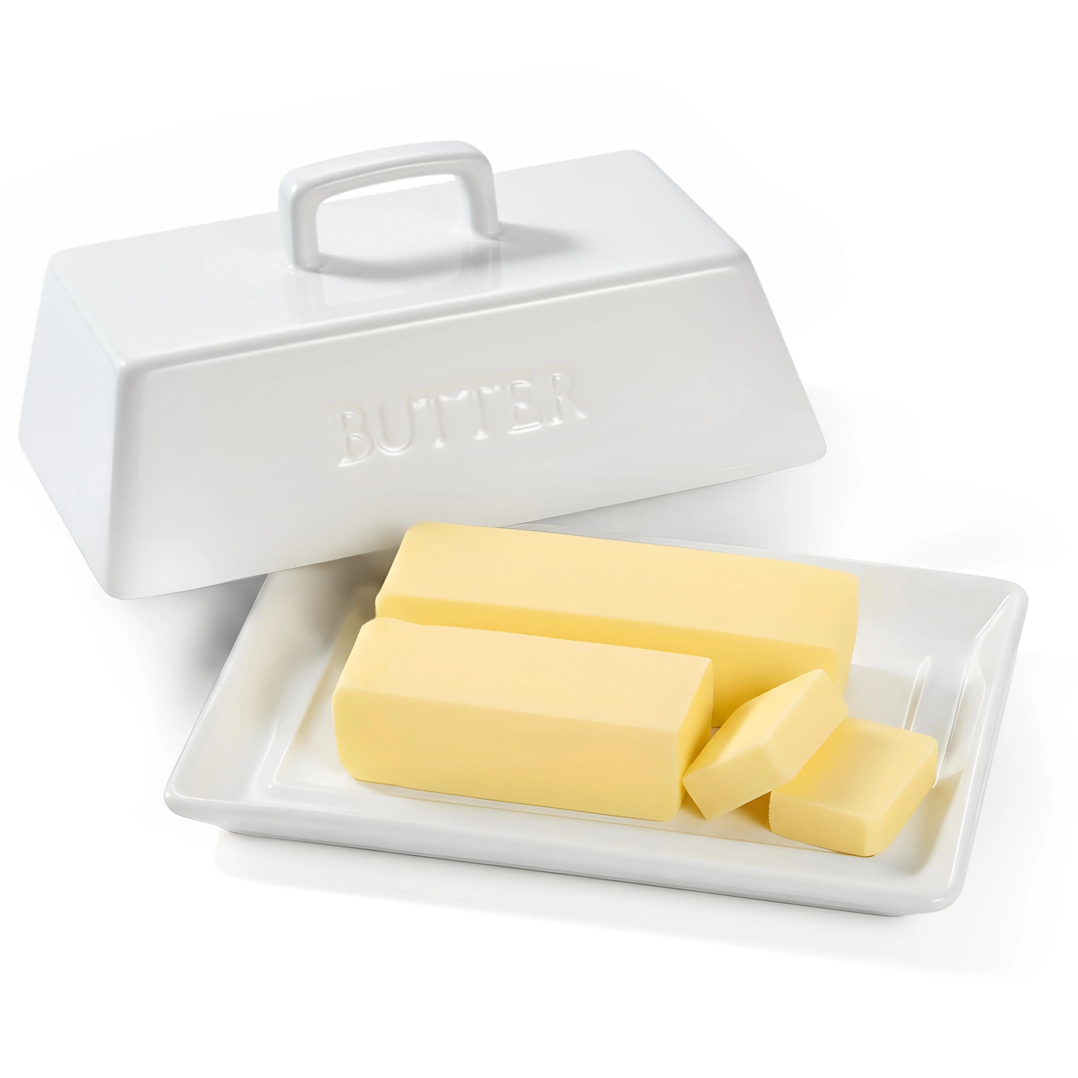 Ceramic Extra Large Butter Dish with Lid, White Microwave Safe Reusable Kitchen