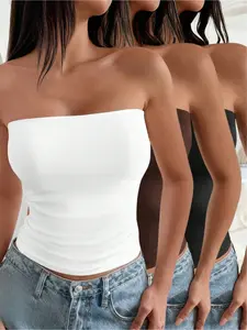 Women's Strapless Tube Top Set Comfortable Basic Solid Color, Versatile Three-Piece Bralette, Daily Wear, Casual Strapless Cropped