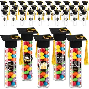 2026 Graduation Candy Tubes 30/60 Sets, Clear Plastic Grad Cap Jars with Tassels & Stickers, Black Party Favor Boxes for Graduation Party Decoration