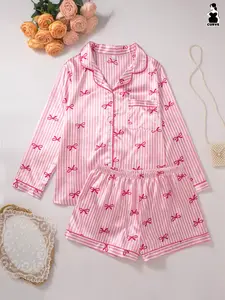 Valentine's Day Women's Plus Size Sleepwear Set, Long Sleeve Button-Down Top and Shorts, Polyester Silk Fabric, Striped Bow Print, Home Wear