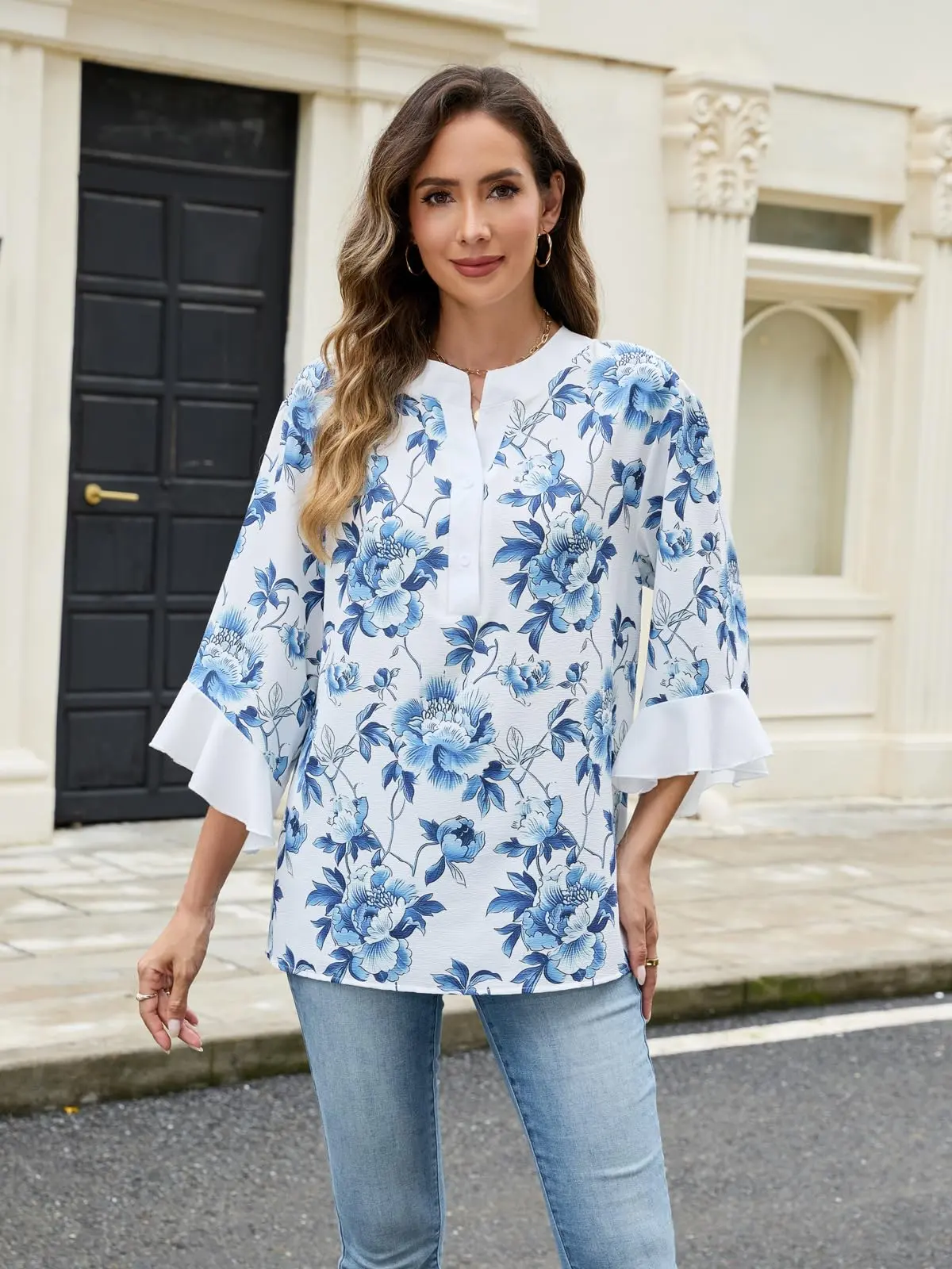 Women's Crew Neck Blouse, Boho Hand-Painted Print Tunic Top with 3/4 Ruffle Sleeves, Loose Summer Shirt for Vacation, Jeans & Going Out, Fabric, Shorts, Women's Clothes, Ootd Ideas, Shirts, Round Neck, Fashion Inspiration, Reinforced Stitching