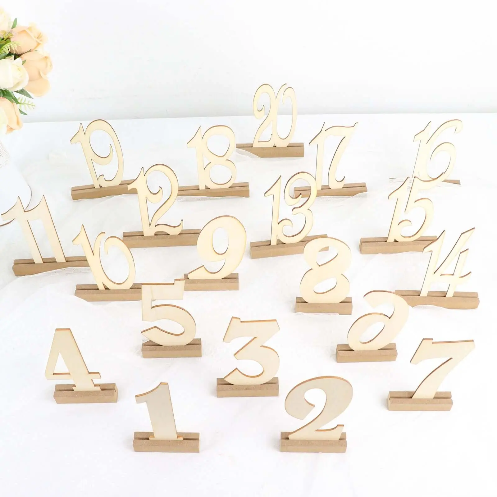 20-Pack Natural Wooden Wedding Table Numbers 1-20 with 6" Holder Base - Durable Rustic Signs for Indoors, Outdoors Home Decor Event Supplies