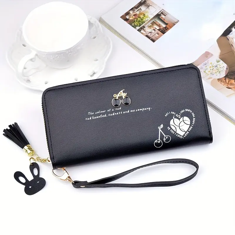 W29-Women Cute Cherry Decor Long Zipper Wallet With Rabbit Tassel Wristlet Clutch Purse Large Capacity Multi Card Slots Coin Purse Ladies Student Handheld Money Bag