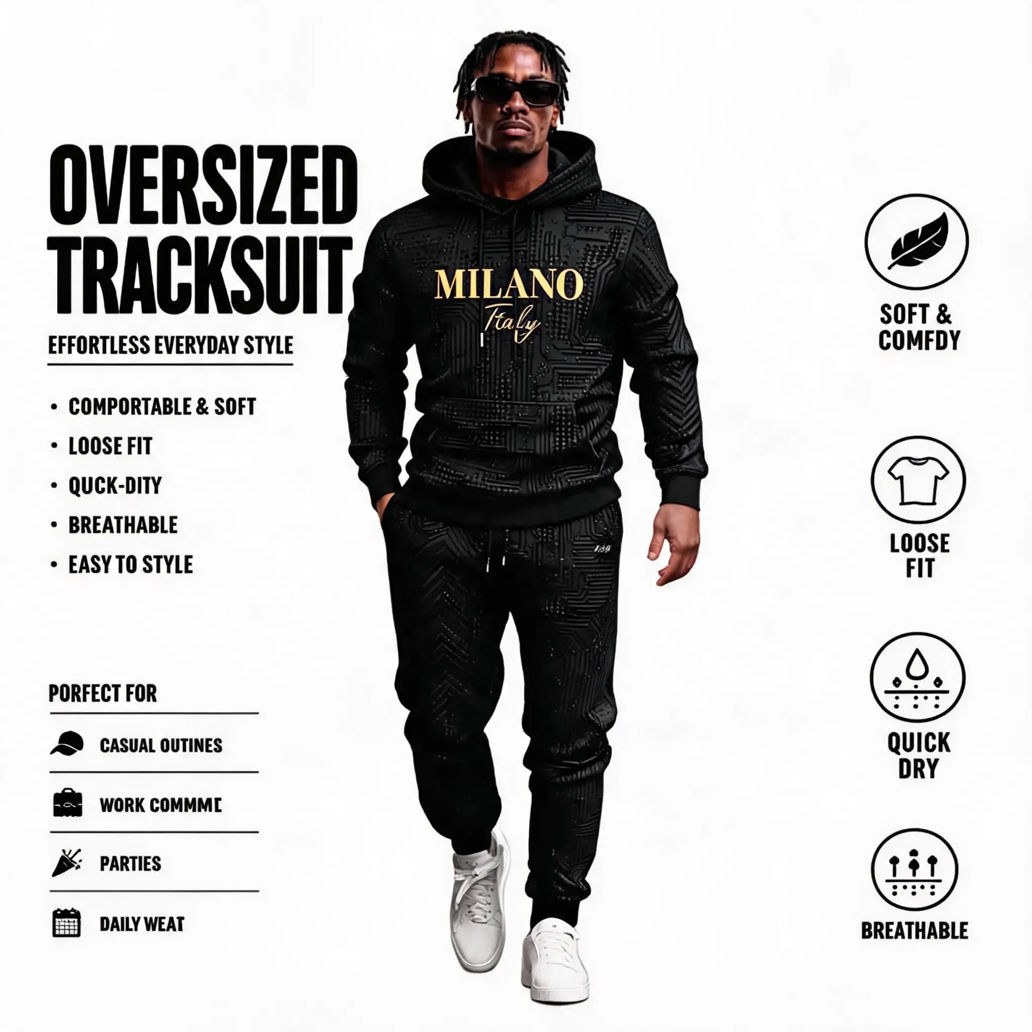 Men Black Milano Italy Print 2 Piece Tracksuit Oversized Textured Hoodie Jogger Pants Luxury Streetwear Outfit
