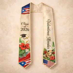 Personalized Puerto Rico & USA Dual Heritage Graduation Stole - Class of 2026 Custom Name Graduation Sash - Boricua Pride Coqui & Hibiscus Stole - Gift for Puerto Rican Graduate