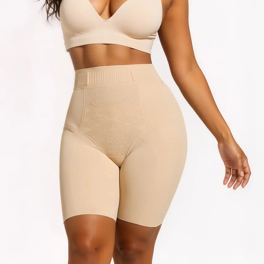 Soft Intention High Waisted Tummy Control Shapewear Shorts for Women Beige Plaid Compression Basic Everyday Style Nylon Leg Fit