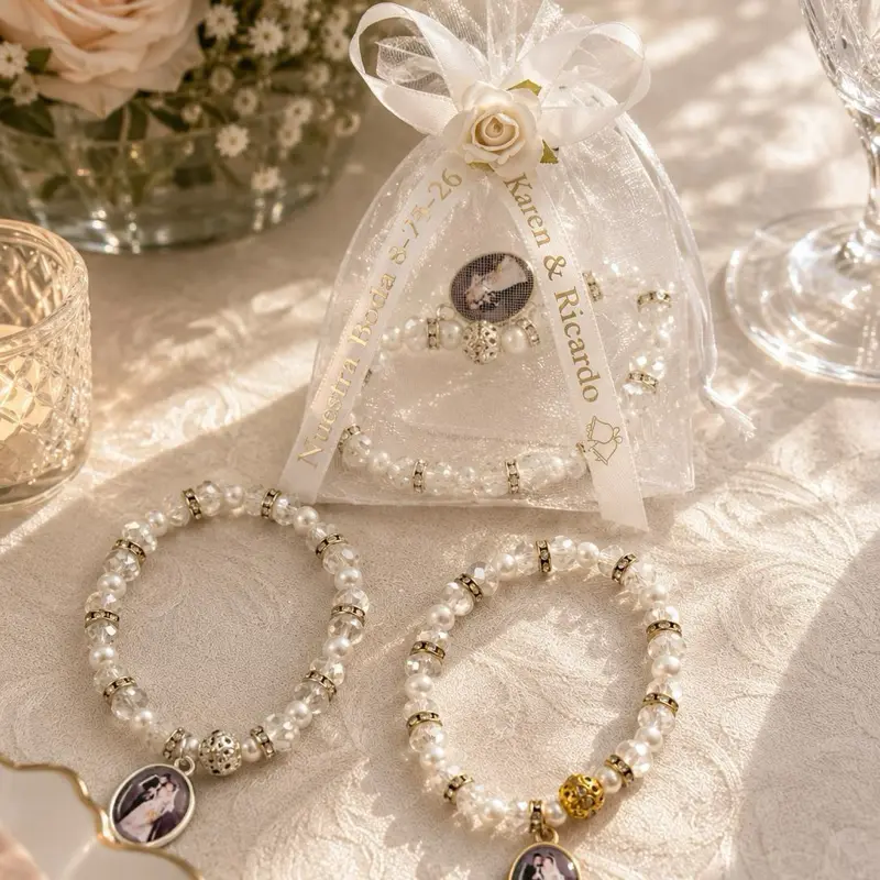 12pcs wedding para favors, custom ribbons organza bags and elastic bracelet c
