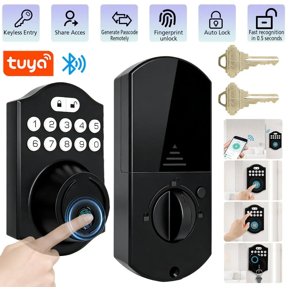 【Summerfinds】Keyless Entry Smart Lock with Handle Semiconductor Fingerprint Keypad, 4 Ways to Unlock, Anti-peep Virtual Password, Tuya Mobile APP Remote Management, Home Security Smart Door Lock