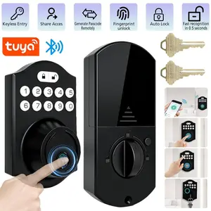 Keyless Entry Smart Lock with Handle Semiconductor Fingerprint Keypad, 4 Ways to Unlock, Anti-peep Virtual Password, Tuya Mobile APP Remote Management, Home Security Smart Door Lock