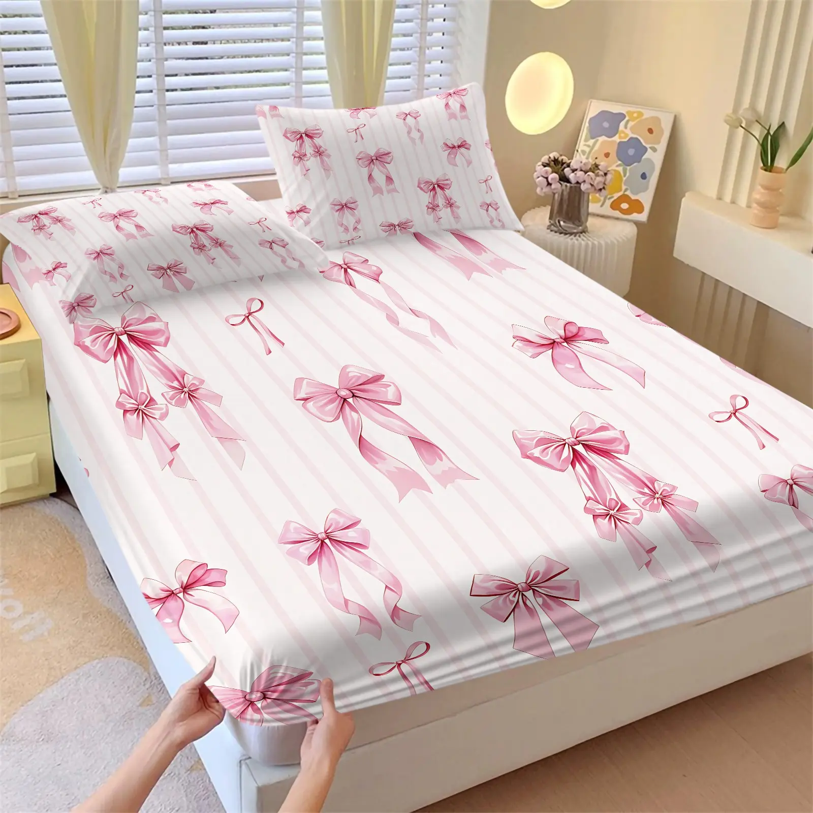 Charming Pink Bow & Stripe Fitted Sheet Set, Soft Breathable Microfiber Bed Sheet with 2 Pillowcases, Cute Ribbon Print, All Season Bedding with Deep Pockets, Modern Coquette Bedroom Decor for Girls & Teens