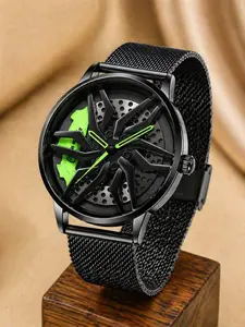 Men's Mesh Band Dial Quartz Watch, Trendy Sport Style Racing Wheel Design, Stylish Analog Display for Daily Wear, Casual Trendy Wristwatch, Modern Trendy Watch, Modern Watches