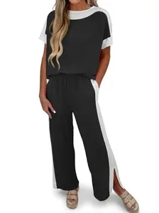 Fisoew Women’s Ribbed Two Piece Outfit Color Block Short Sleeve Top & Wide Leg Pants Set with Pockets Womenswear Clothes Suits