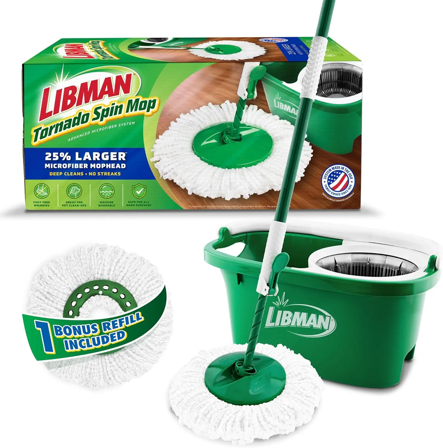 Libman Tornado Spin Mop System with Bucket & Wringer, Includes 2 Microfiber Mop Heads