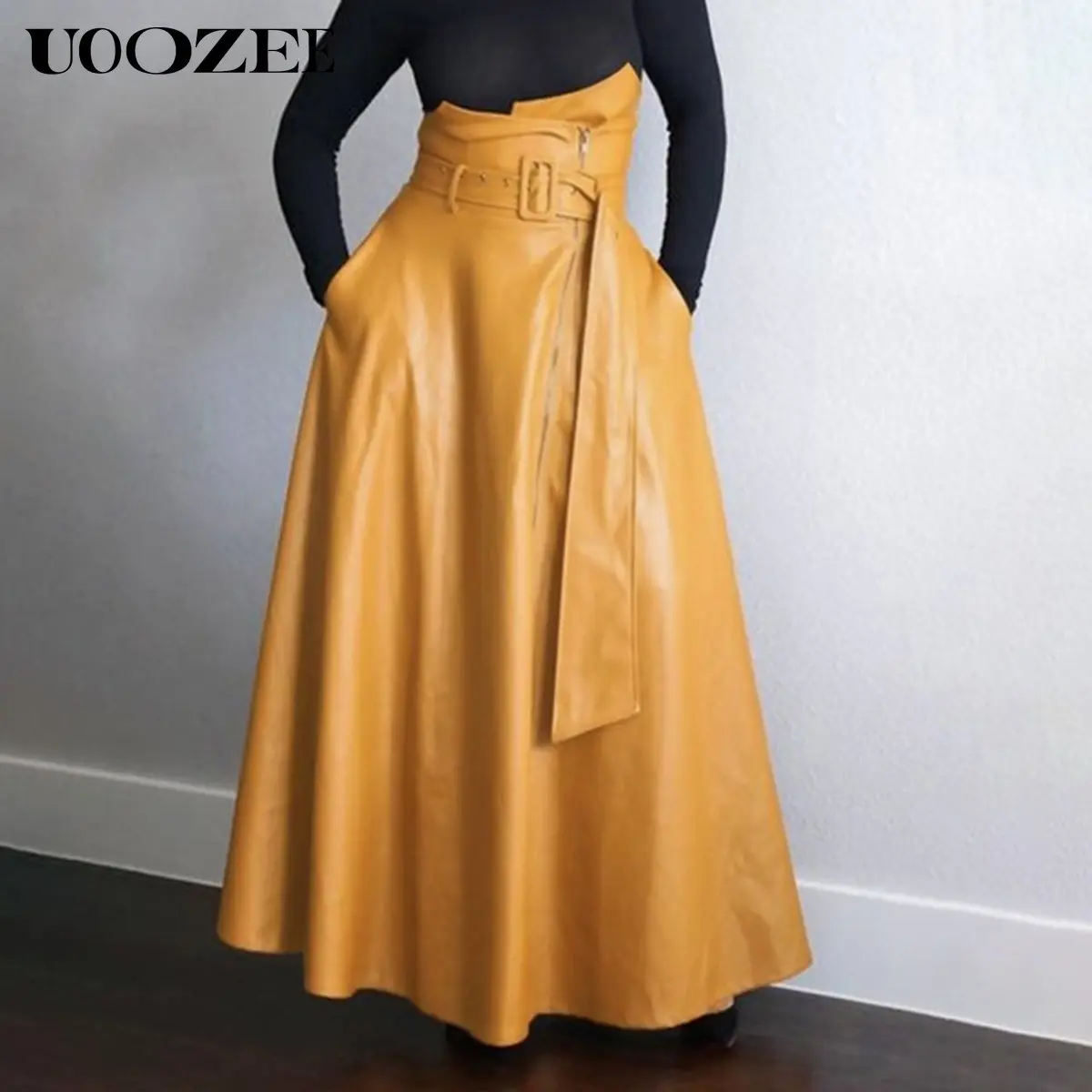 UOOZEE Women's Thick PU-Cotton Blend High-Waisted A-Line Maxi Skirt with Pockets, Strap Detail - Basic Bottom for Casual, Halloween, Christmas Outfits, Elegant, Thanksgiving, Maxi Skirts, Minimalist, Long Skirt, Easter, Valentines Day, Skirts For Women