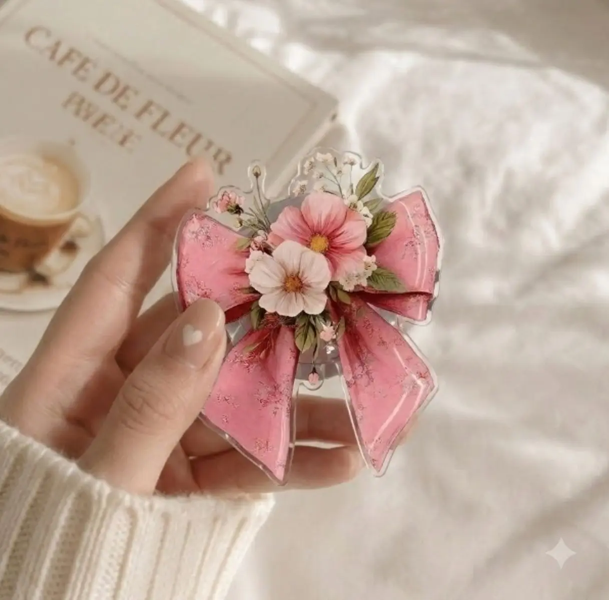 Pink Floral Bow  Phone Grip - Cottagecore Flower Phone Holder