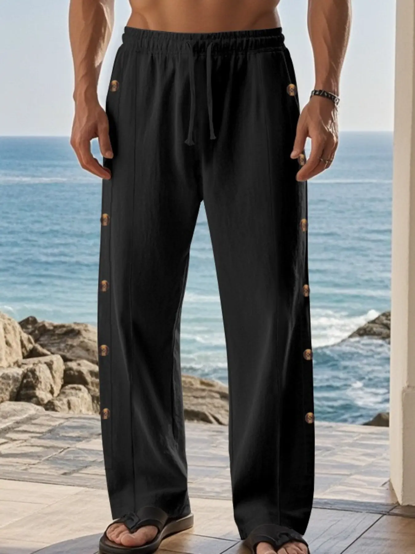 2026 Spring/Summer New Men's Linen Wide Leg Pants - Side Button