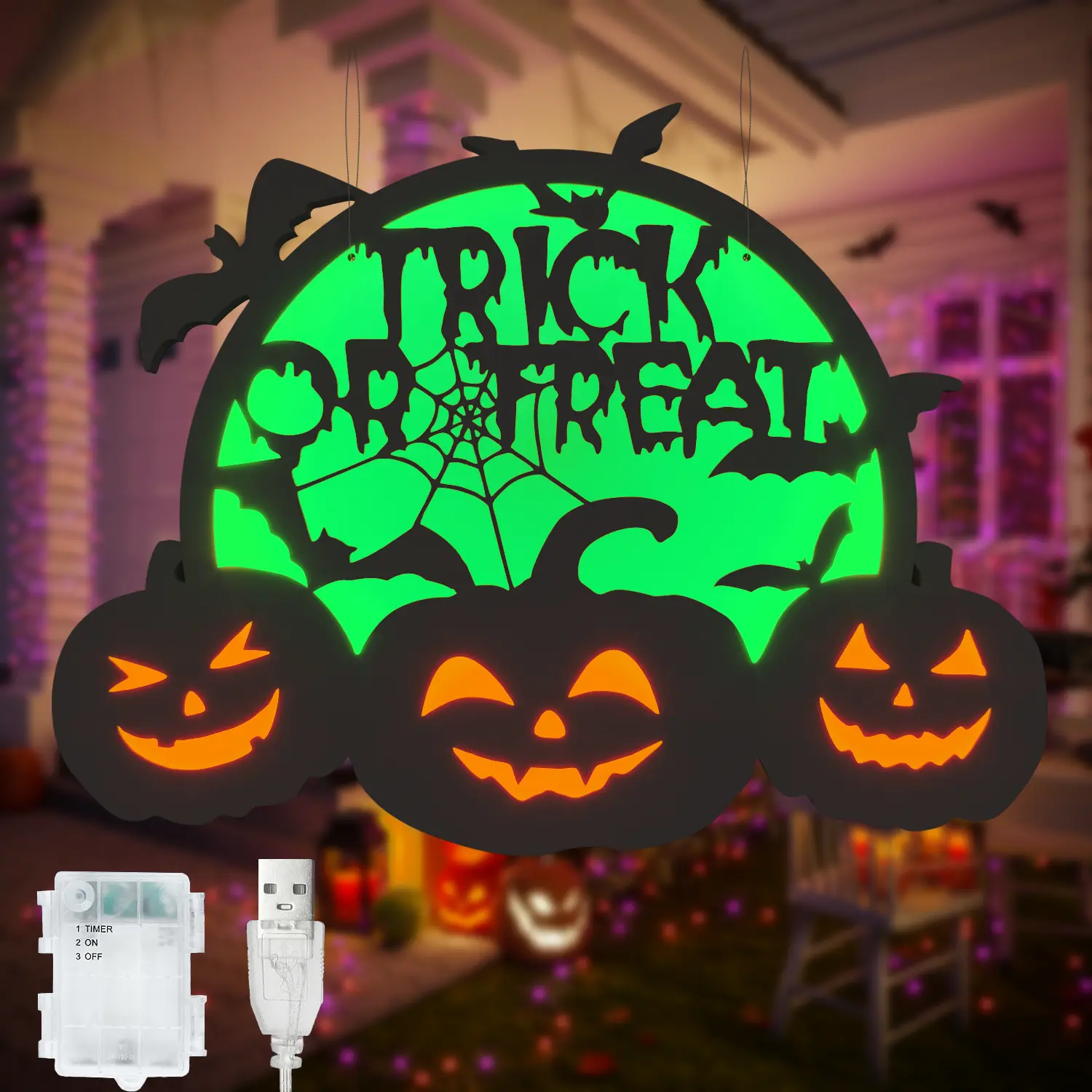 BeatiNeon Spooky Halloween Plastic Pumpkin LED Lights - Connected Jack O' Lantern with Purple Moons, Bats, Spider Web, Trick-or-Treat Wording, USB/Battery Power, Timer - Kids Decor for Windows, Mirrors, Shelves, Walls