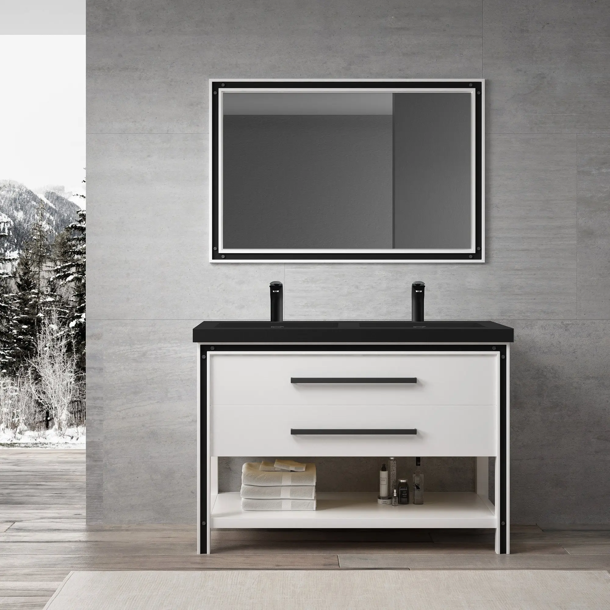 Dowell 48" Freestanding Black Bathroom Vanity with Double Basin - One/Two Soft-Close Drawers and One/Two Open Shelves - 028 Series