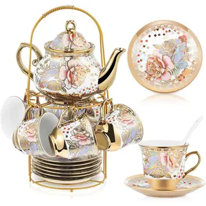 20 count Porcelain  Set with Metal Holder and Spoon Adult Ceramic  Set European Flower Painting Teapot Cup  Spoon for Women Mom , Large Version (Rustic Style)