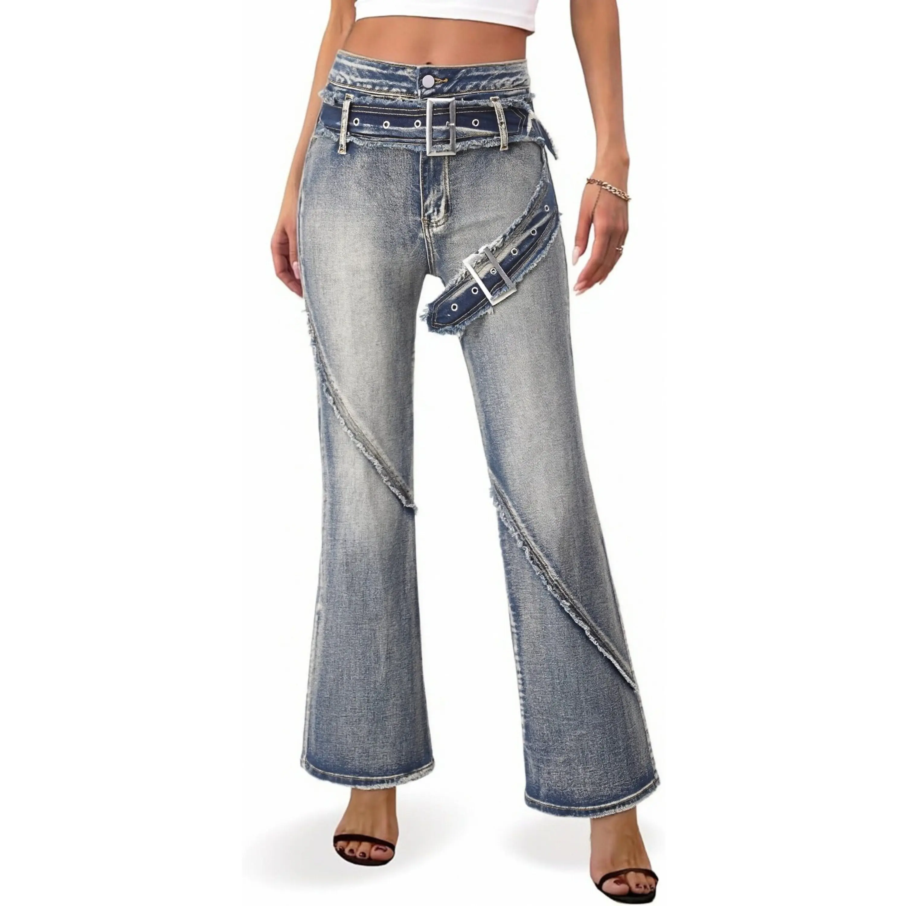 Vintage Double Belt Raw Fringe Strap Flare Denim PantsY2K Punk Alt Street Unique Distressed Viral Staple