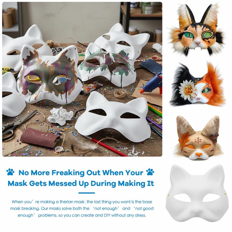 Cat Fox Therian Masks 37PCS with Felt Furs Eye Meshes Costume Furry Masks to Paint, Animal Mask Arts Crafts Kit, Dress Up DIY for Halloween Christmas Cosplay Party Interaction