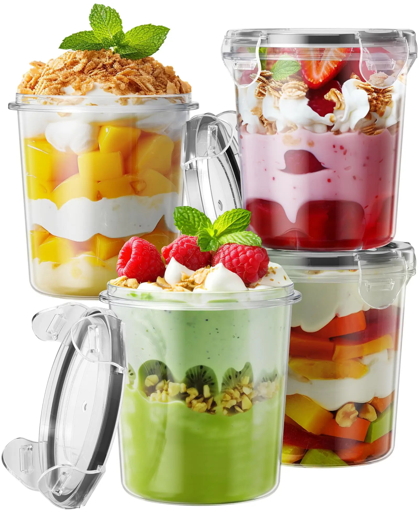 Overnight Oats Containers with Lids - 4 Pack 13oz Plastic Mason Jars, BPA Free, Portable, Leak Proof for Yogurt, Soup, Cereal, Milk & Salad Airtight Glass