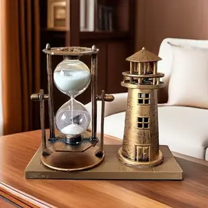 Vintage Copper Color Lighthouse Sand Timer Ornament, Retro Office Home Desk Decoration, 3D Desktop Decor Gift for School Season